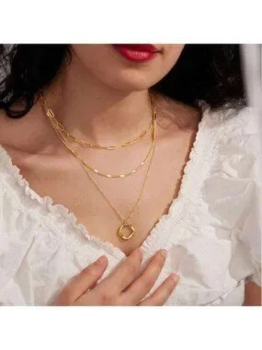 Triple Layer Chain Necklace with Geometric Pendant | 18K Gold Filled